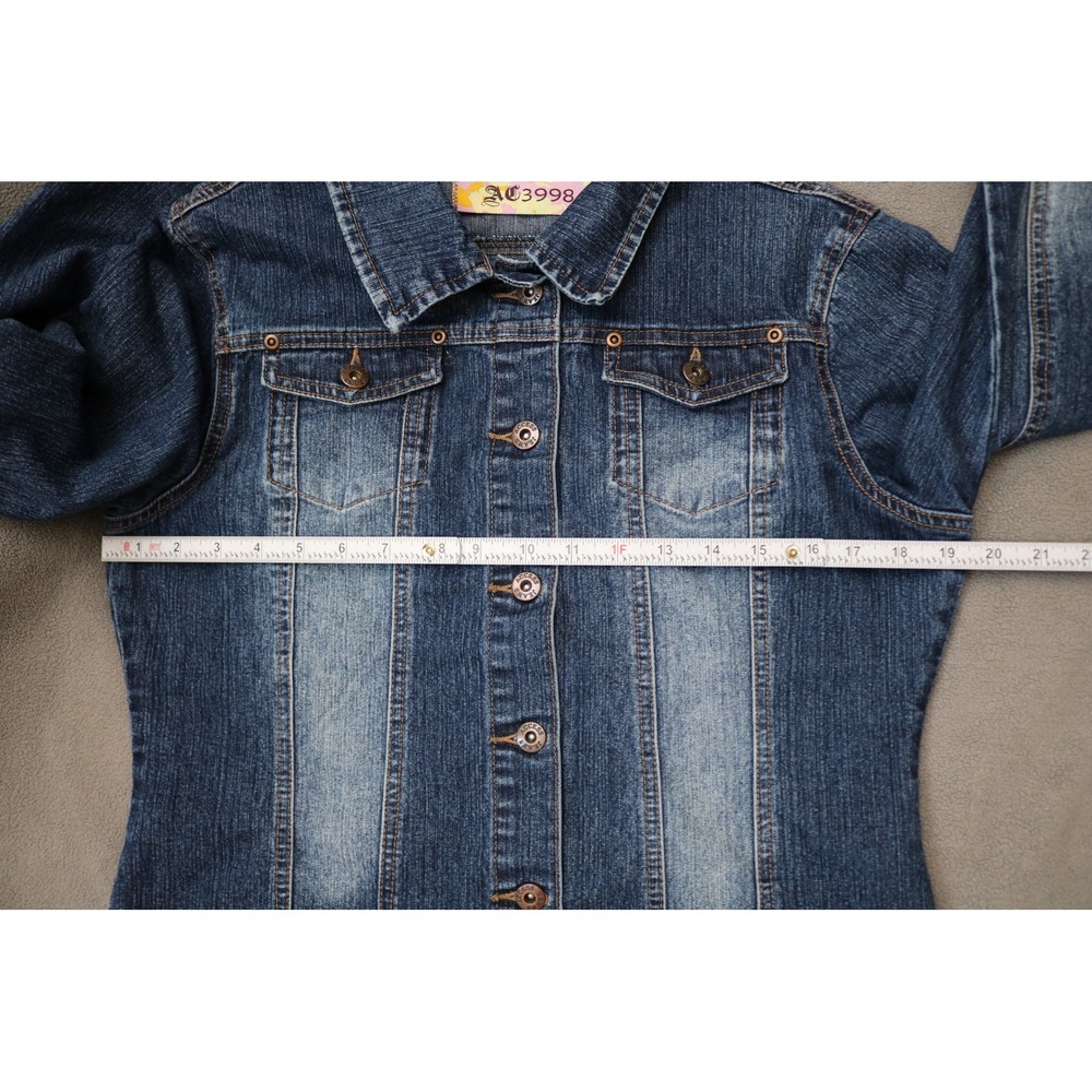 AC3998 Faded Denim Trucker Jacket Women Large Blue Stretch Buttons Casual 90s - Picture 5 of 15